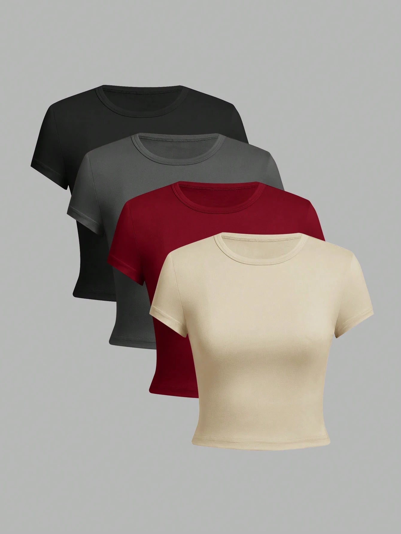 4 pieces Solid color basic short sleeved tight fitting T-shirt for women's casual summer minimalist women's style top O-neck Quick Pick Grocers